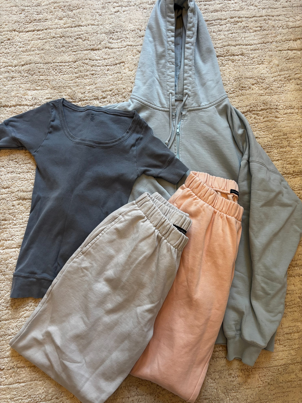 Brandy Melville Hoodie Ribbed Tee, 2 pairs Sweatpants Set Gray Peach Blue Bundle